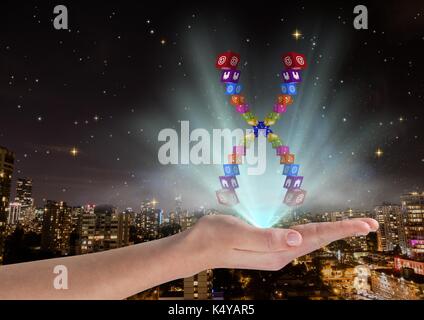 Digital composite von Hand mit anwendungssymbole Chromosom über und mit blauen Lichtern. Vor unscharfen Stadt bei Nacht Stockfoto