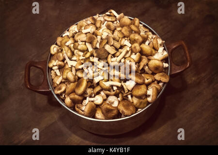 Frische Wald Honig Pilze in der Pfanne auf dem schwarzen Holztisch Nahaufnahme Ansicht von Oben. Stockfoto