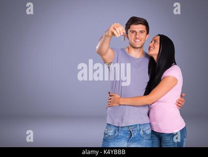 Digital composite von Paar Gedrückthalten der Taste vor Vignette Stockfoto