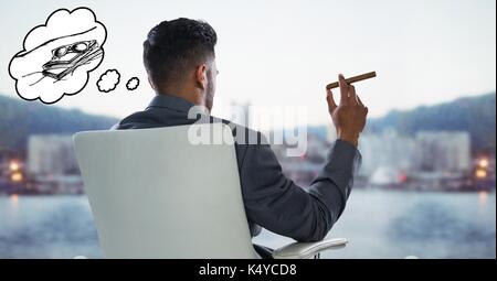 Digital composite der Rückseite der Geschäftsmann in Stuhl mit Zigarre träumen von Urlaub gegen blurry Skyline Stockfoto