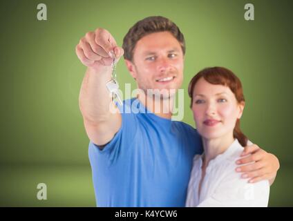 Digital composite von Paar Gedrückthalten der Taste vor Vignette Stockfoto