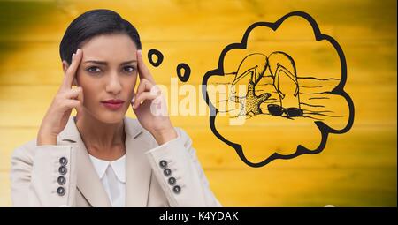 Digital composite von Frustriert business Frau träumt davon, Strand gegen verschwommen gelb Büro Stockfoto