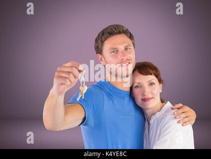 Digital composite von Paar Gedrückthalten der Taste vor Vignette Stockfoto