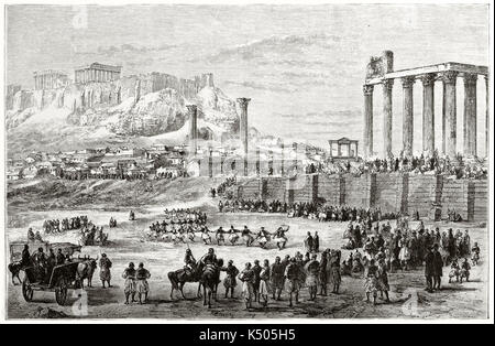 Alten Leute feiern die Fastenzeit in ein riesiges Szenario reichen von klassischen alter Ruinen mit Tempeln und Spalten. Die Fastenzeit fest in Jupiter Tempel Athen. Von Proust auf Le Tour du Monde Paris 1862 veröffentlicht. Stockfoto