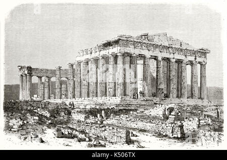 Alte Ruinen der griechischen Tempel Parthenon Athen. Vollständiges Bild. Abbildung in Grautönen ausgeführt von Therond nach Foto von Unknown Author am Le Tour du Monde Paris 1862 veröffentlicht. Stockfoto