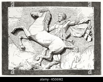 Alte graviert Reproduktion von einem hochrelief metope Skulptur von Phidias im Parthenon Athen einen Mann und eine Aufzucht Pferd. Durch Therond auf Le Tour du Monde Paris 1862 veröffentlicht. Stockfoto