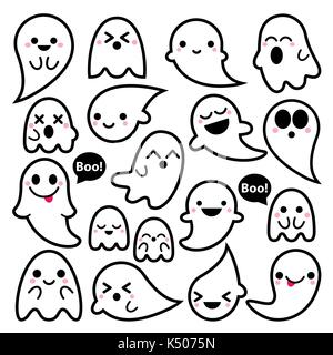 Cute Vector Geister Icons, Halloween Design, Kawaii schwarzen Strich ghost Sammlung auf weißem Hintergrund Cartoon ghost Zeichen Stock Vektor