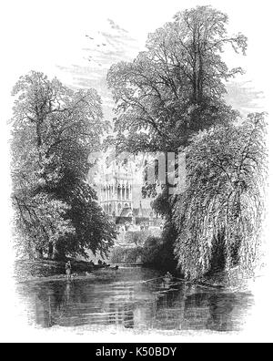 1870: Blick vom Fluss Cam von St John's CollegeTower. Ein konstituierendes College der Universität Cambridge es von Lady Margaret Beaufort gegründet wurde. In der verfassungsrechtlichen Bestimmungen, die Hochschule ist eine gemeinnützige Gesellschaft, die von einer Charta vom 9. April 1511 gegründet. Die Ziele der Hochschule, so wie es in ihrer Satzung festgelegt, sind die Förderung von Bildung, Religion, Lernen und Forschung. England Stockfoto