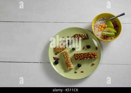 Ansicht von oben, Müsliriegel und Obst Getreide auf weißem Hintergrund Stockfoto
