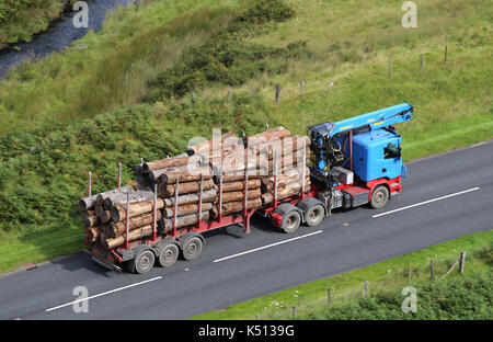Ein Lkw mit einer Ladung Holz entlang einer Straße in Gwynedd, Wales, Vereinigtes Königreich. Stockfoto