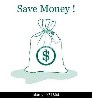 Stilisierte Symbol einer verknoteten Tasche mit Geld. Design für Banner, Poster oder Druck. Stock Vektor