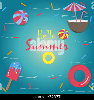 Hallo Sommer Vector Illustration. Banner Vektor-illustration Sommer, Wasserspielzeug, rot Gummiring, Eis, Kokosnuss Drink mit Regenschirm und Ball floa Stockfoto