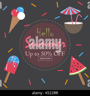 Sommer Vector Illustration. Summer Sale Karte. Bis zu 50% Rabatt. Wassermelone, Eis, Pool Spielzeug der Kugel am braunen Hintergrund. Stockfoto