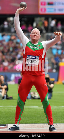 Yury BUCHKOU von Belarus in der Männer Kugelstoßen F 12 Finale auf der Welt Para Meisterschaften in London 2017 Stockfoto