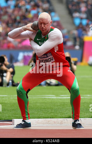 Yury BUCHKOU von Belarus in der Männer Kugelstoßen F 12 Finale auf der Welt Para Meisterschaften in London 2017 Stockfoto