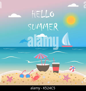 Hallo Sommer. Sommer Vector Illustration. Seashore mit Sonnenbrille, Kokosnuss, Trinken, Kugel, Seesterne, Segel, Krabben und Delphin. Hintergrund Vorlage. Für c Stockfoto