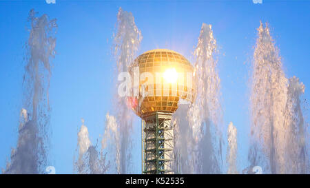 Springbrunnen und Sunsphere bei World's Fair Park in Knoxville, Tennessee Stockfoto