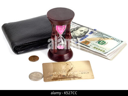 Dollar, Cent, eine Plastikkarte, ein Geldbeutel, eine Sanduhr Stockfoto