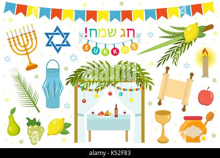 Happy Sukkot Icon Set, flach, Cartoon Stil. Collection-objekte, Designelemente. Jüdische Laubhüttenfest mit sukka, etrog, lulav, Arava, Hadas. Auf weissem Hintergrund. Vector Illustration. Stock Vektor