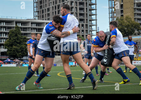 September 02, 2017. Toronto, Kanada - Spieler von Whitehaven erwärmt, bevor Super 8 s Runde 4 Spiel zwischen Toronto Wolfpack (Kanada) vs Whitehaven RLFC Stockfoto
