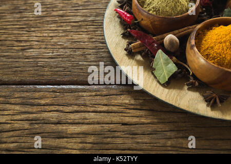 Gemeinkosten der verschiedenen Gewürze in der Platte angeordnet Stockfoto