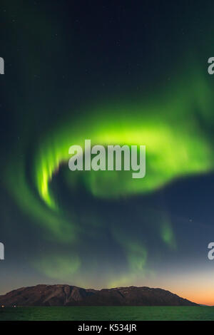 Nordlicht, Aurora borealis, über hohe Berge in Alta Fjord, Finnmark, Norwegen Stockfoto