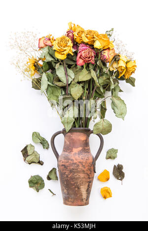 Getrocknete gelbe Rosen in Vase auf einem weißen Hintergrund. Stockfoto