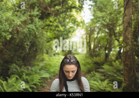 Nachdenkliche Frau, die im Wald Stockfoto