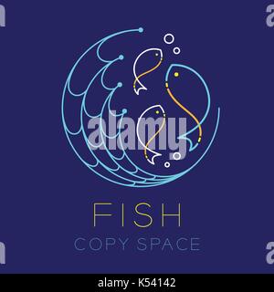 Fischen, Angeln net Kreis Form und Luftblase logo Symbol Umrisse Hub set dash Line Design Illustration auf dunkelblauem Hintergrund mit Fisch te isoliert Stock Vektor