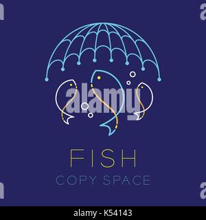 Fischen, Angeln net und Luftblase logo Symbol Umrisse Hub set dash Line Design Illustration auf dunkelblauem Hintergrund mit Fisch Text und Kopieren s isoliert Stock Vektor