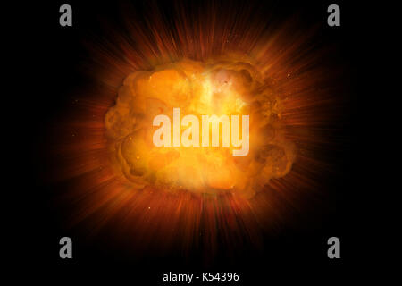 Realistisches Feuer, Explosion, orange Farbe mit auf schwarzem Hintergrund Funken isoliert Stockfoto