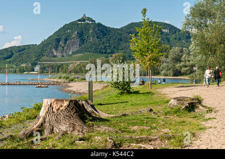 Drachenfels und Rhein von Grafenwerth, Bad Honnef, NRW, Deutschland. Stockfoto