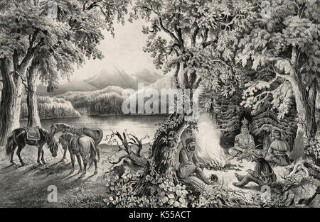 Die fallensteller Lagerfeuer. Ein freundlicher Besucher - ein Eingeborener und drei Fallensteller um Lagerfeuer sitzt, und drei Pferde stehen an einem See, 1805 Stockfoto