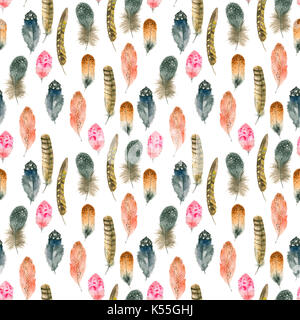 Hand gezeichnet Aquarell feather nahtlose Muster isoliert auf Weiss. Boho style Feder Textur. Stockfoto