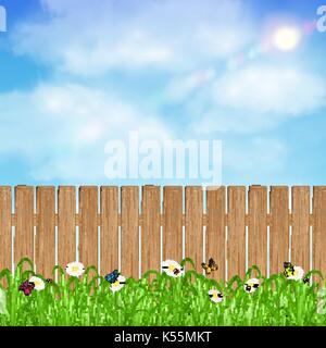 Holz Zaun mit Gras, Blumen und Himmel Hintergrund Stock Vektor
