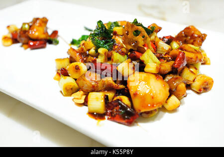 Chinesisches Essen, würziges Hähnchen mit Erdnüssen, gewürfelt Stockfoto