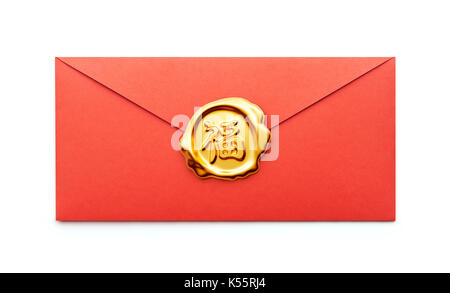 Gold Seal auf roten Paket oder roten Umschlag auf weißem Hintergrund, Chinesische Kalligraphie "FU" (ausländische Text bedeutet Wohlstand) Stockfoto