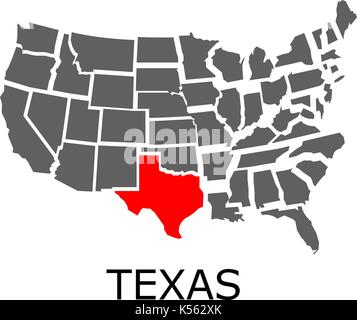 Karte von USA mit angrenzenden Bundesstaat Texas mit roter Farbe markiert. Stock Vektor