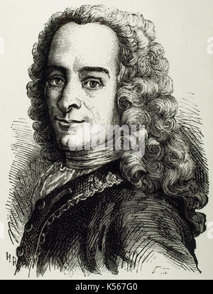 Voltaire (François-Marie Arouet) (1694-1778). Französischer Schriftsteller der Aufklärung. Hochformat. Gravur. Stockfoto