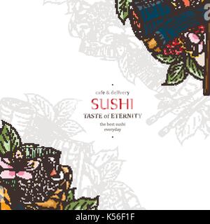 Doodle Sushi Restaurant Menü design Vorlage. Asiatische Lebensmittel bild Gravieren. Vector Illustration Stock Vektor