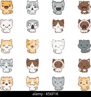Cute Cartoon, Katzen und Hunde mit unterschiedlichen Emotionen. Aufkleber Sammlung. Vektor einrichten von Doodle Emoji und Emoticons. Stock Vektor