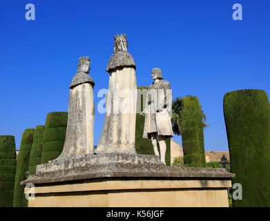 Columbus, König Ferdando, Königin Isabel Statuen Garten von Alcazar, Cordoba, Spanien, Alcázar de los Reyes Cristianos Stockfoto