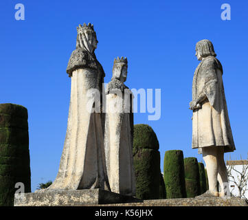 Columbus, König Ferdando, Königin Isabel Statuen Garten von Alcazar, Cordoba, Spanien, Alcázar de los Reyes Cristianos Stockfoto