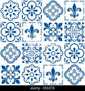 Portugiesische vektor Fliesen Muster, Lissabon nahtlose Indigo Blue Tile Design, Azulejos vintage geometrische Keramik Blumen- und abstrakten Formen Textur Stock Vektor