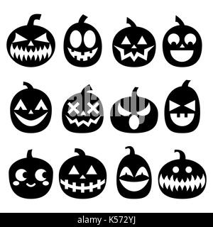 Kürbis Vector Icons Set, Halloween gruselige Gesichter Design, horror Dekoration in schwarz auf weißem Hintergrund Kürbis mit unheimlichen Gesichter Icons Sammlung Stock Vektor