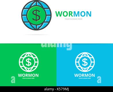 Der Vektor der Welt und Dollar logo Kombination. Einzigartige Globus und Bank Logo Design Template. Stock Vektor