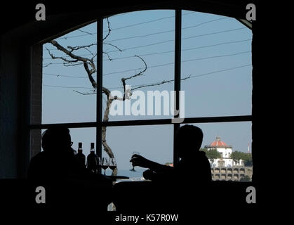 Ein Kunde Proben eine Vielzahl von Port in einem Tasting Room mit Blick auf Porto, Portugal, 20. August 2017. © Johannes Voos Stockfoto