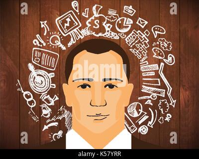 Unternehmer Portrait mit Erfolg in Infografiken und Doodle. Geschäftsmann mit skizziert grafische Elemente, mann Business Icon Stock Vektor