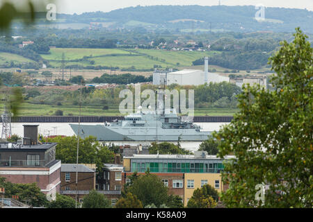 Gravesend, Kent, Vereinigtes Königreich. 8. September 2017. Royal Navy River class Patrol Schiff HMS Mersey dargestellt, Gravesend in Kent auf dem Weg zum umstrittenen DSEI defence Veranstaltung in ExCeL in East London. Rob Powell/Alamy leben Nachrichten Stockfoto