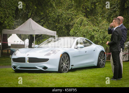 Vancouver, Kanada. 8. Sep 2017. Die 2018 Karma Revero hybrid supercar ist auf Anzeige während der Medien Vorschau der 8. jährlichen Luxus und Supercar Wochenende in Vancouver, Kanada, Sept. 8, 2017. Mehr als 180 Fahrzeuge wurden während der jährlichen Veranstaltung angezeigt. Credit: Liang Sen/Xinhua/Alamy leben Nachrichten Stockfoto